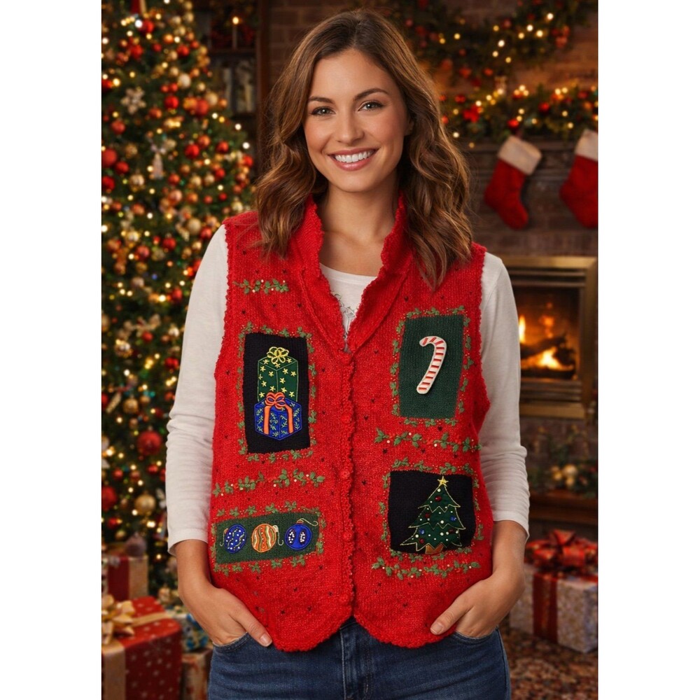 Designers Originals Studio Christmas Sweater Vest Womens Petite Med Patchwork